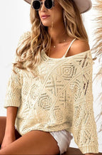 Women's 2026 Spring Summer Crochet Hollow Out 3/4 Sleeve Pullover Sweater Off Shoulder T-Shirts