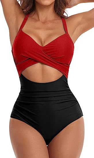 MONCEAU Women's One Piece Swimsuits Tummy Control Cutout High Waisted Bathing Suit Wrap Tie Back 1 Piece Swimsuit