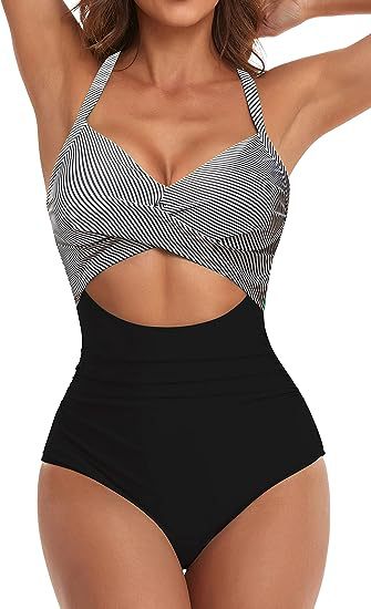 MONCEAU Women's One Piece Swimsuits Tummy Control Cutout High Waisted Bathing Suit Wrap Tie Back 1 Piece Swimsuit