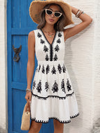 2026 Summer Boho Black Embroidery Sleeveless Mini Dress V-Neck Tiered Vacation Sundress
