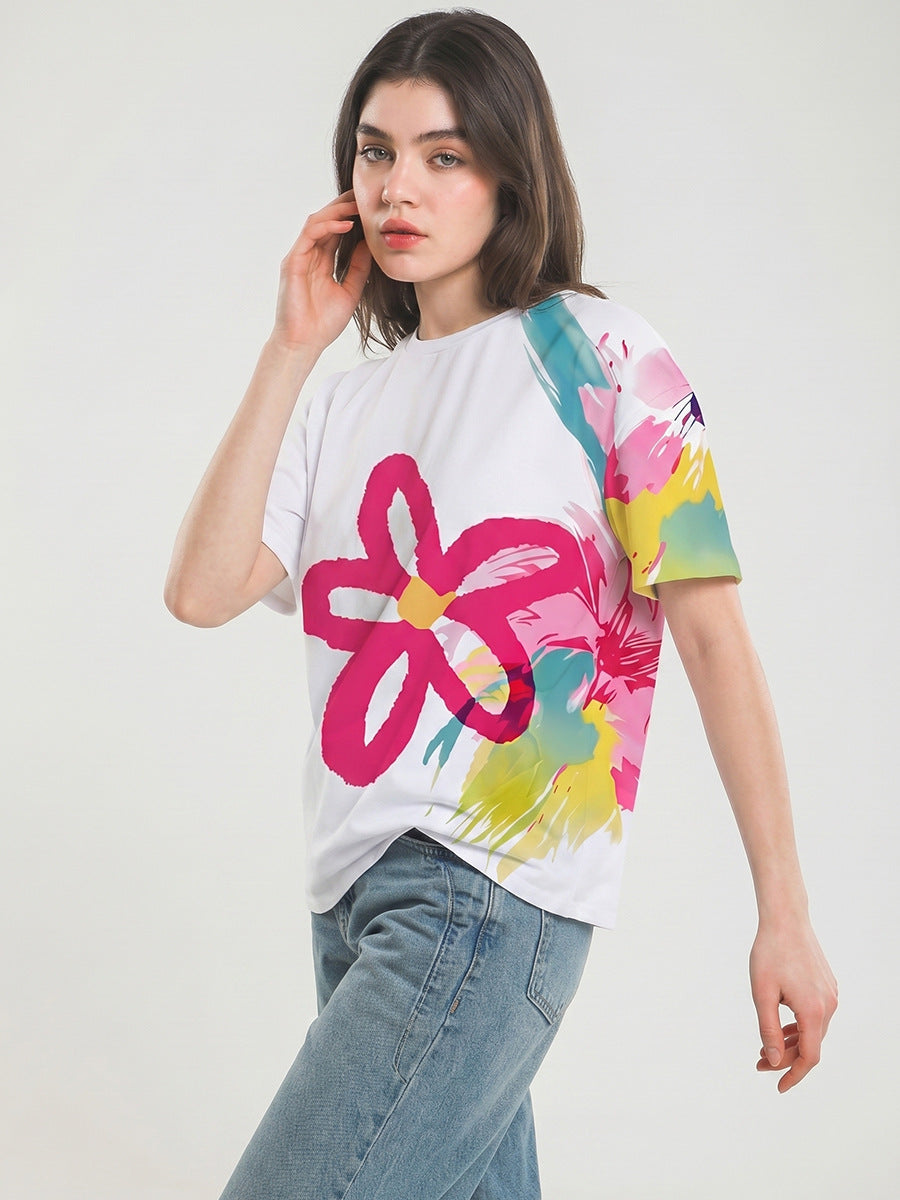 2026 Summer Fashion Women's T-shirt Artistic Watercolor Floral Oversized Tee Graffiti Short-Sleeve Top