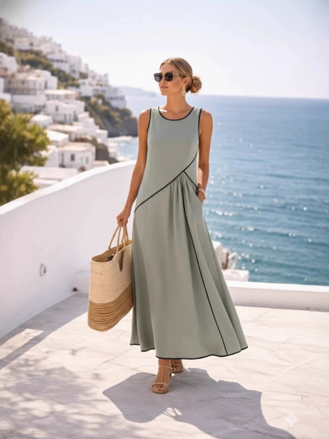 2026 Summer New Women's Mediterranean Resort Style Dress with Color Block Trim A-line Skirt