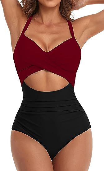 MONCEAU Women's One Piece Swimsuits Tummy Control Cutout High Waisted Bathing Suit Wrap Tie Back 1 Piece Swimsuit