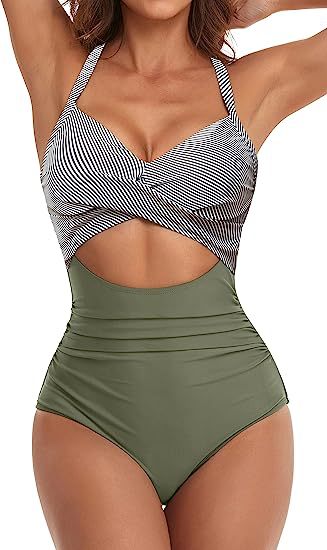 MONCEAU Women's One Piece Swimsuits Tummy Control Cutout High Waisted Bathing Suit Wrap Tie Back 1 Piece Swimsuit