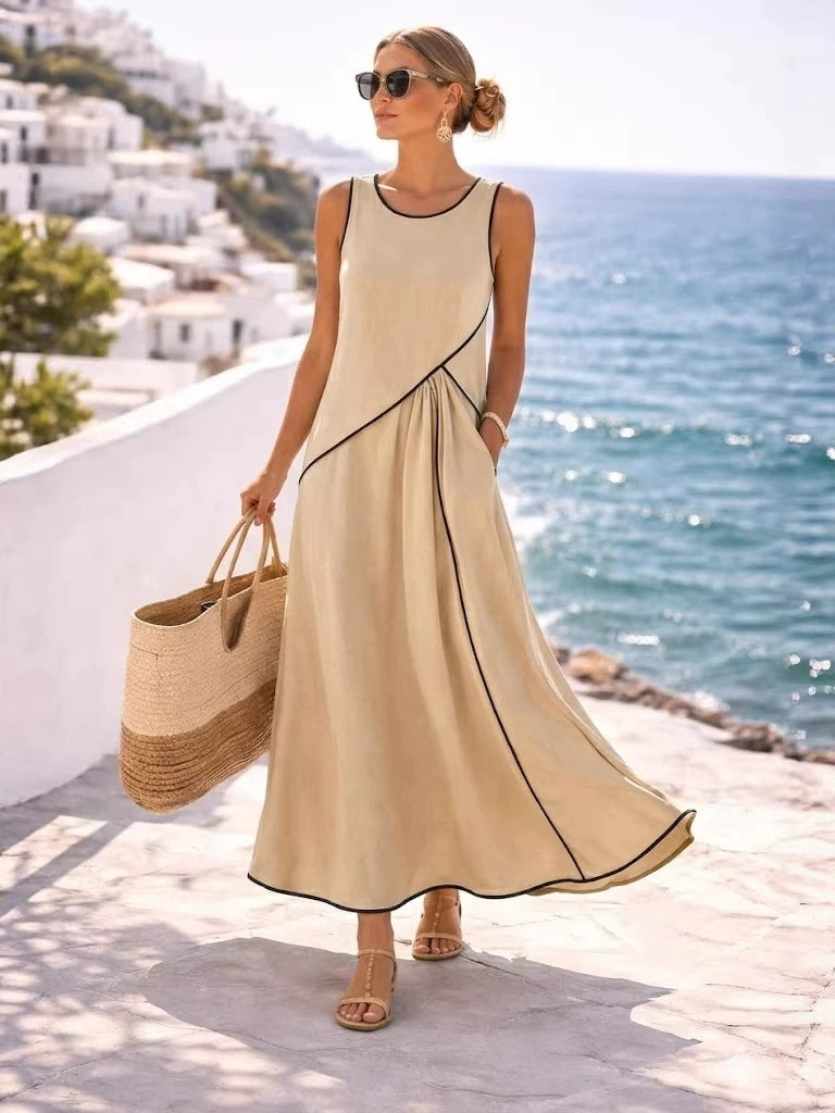 2026 Summer New Women's Mediterranean Resort Style Dress with Color Block Trim A-line Skirt