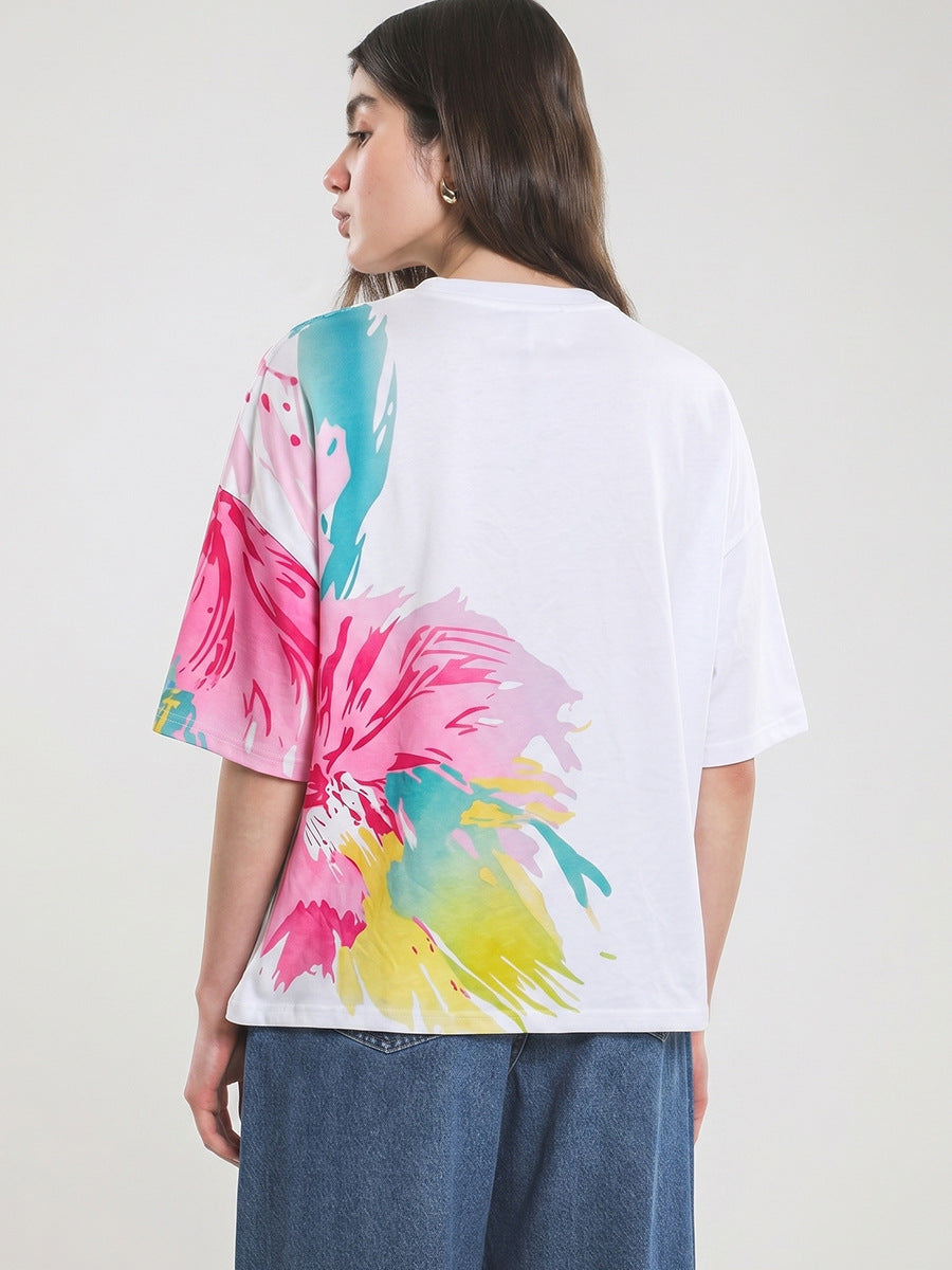 2026 Summer Fashion Women's T-shirt Artistic Watercolor Floral Oversized Tee Graffiti Short-Sleeve Top