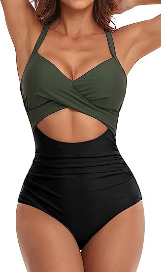 MONCEAU Women's One Piece Swimsuits Tummy Control Cutout High Waisted Bathing Suit Wrap Tie Back 1 Piece Swimsuit