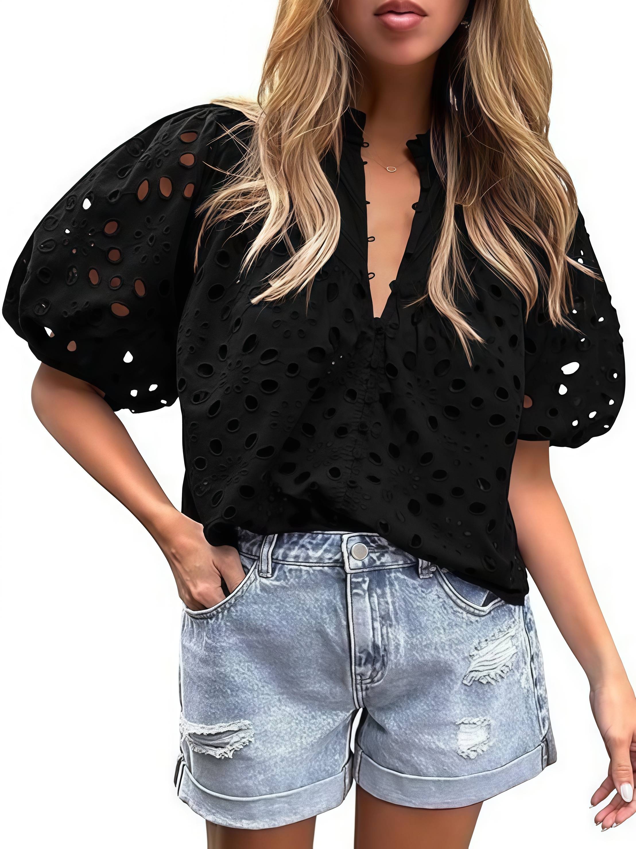 Women's Summer Tops 2026 Dressy Casual Short Sleeve V Neck Buttons Hollow Eyelet Lace Embroidered Blouses Shirts