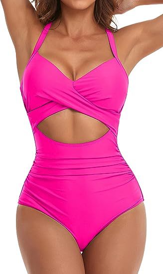 MONCEAU Women's One Piece Swimsuits Tummy Control Cutout High Waisted Bathing Suit Wrap Tie Back 1 Piece Swimsuit