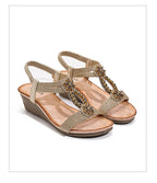Womens Wedge Sandals Flower Low Heel Dressy Sandals Elastic Ankle Strap Rhinestone Summer Comfortable Shoes