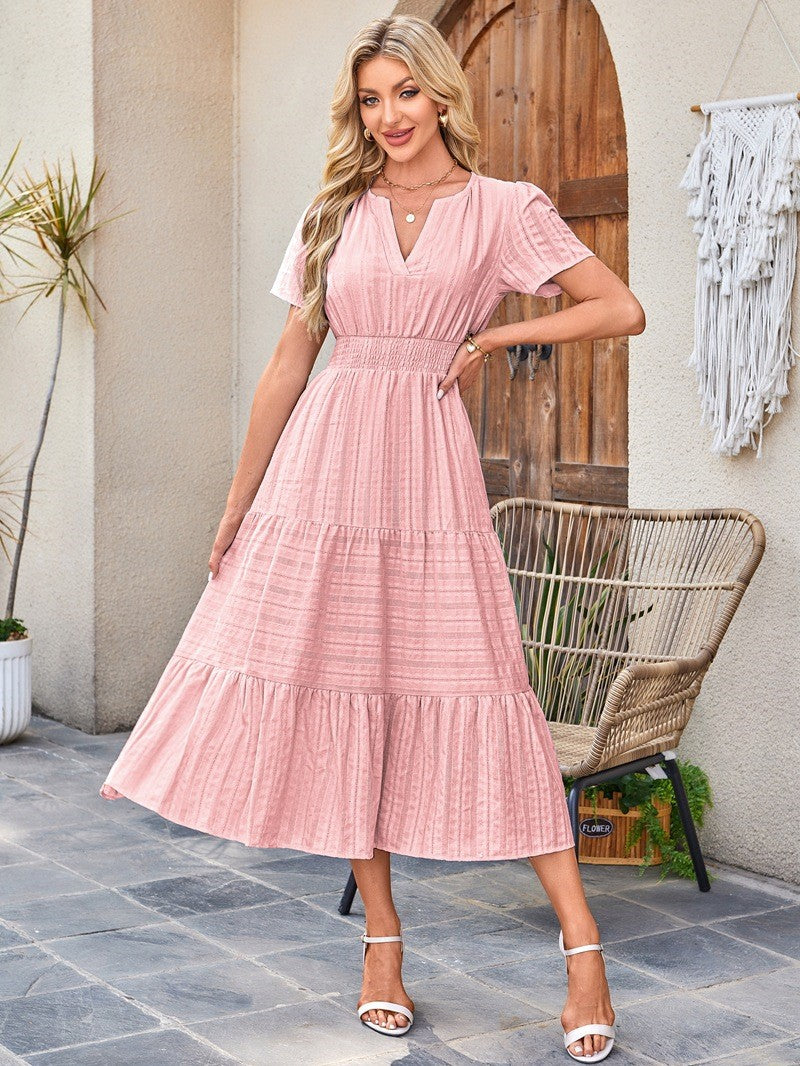 Summer V-neck ruched puff sleeve short-sleeved dress