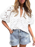 Women's Summer Tops 2026 Dressy Casual Short Sleeve V Neck Buttons Hollow Eyelet Lace Embroidered Blouses Shirts