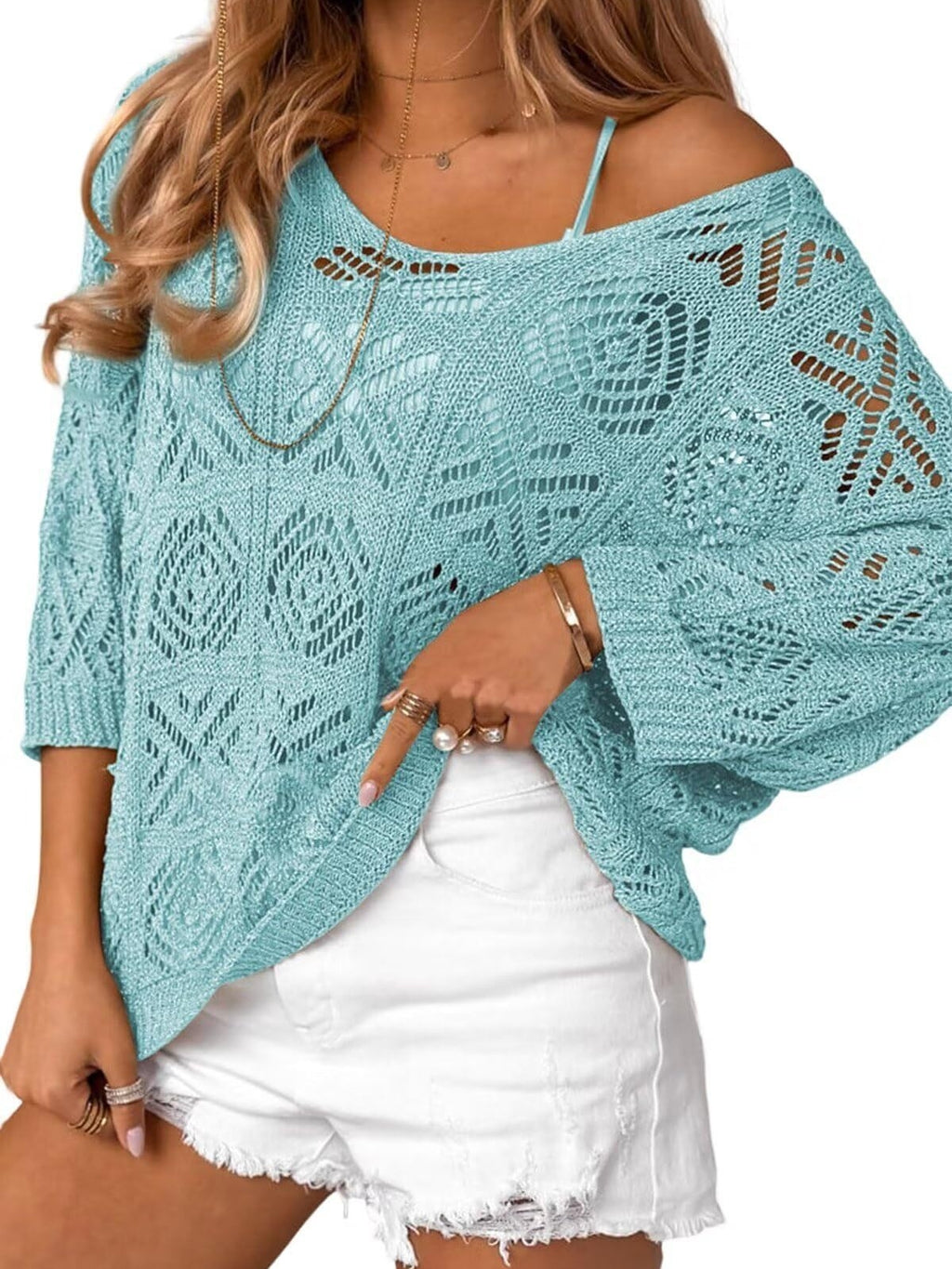Women's 2026 Spring Summer Crochet Hollow Out 3/4 Sleeve Pullover Sweater Off Shoulder T-Shirts