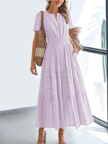 Summer V-neck ruched puff sleeve short-sleeved dress