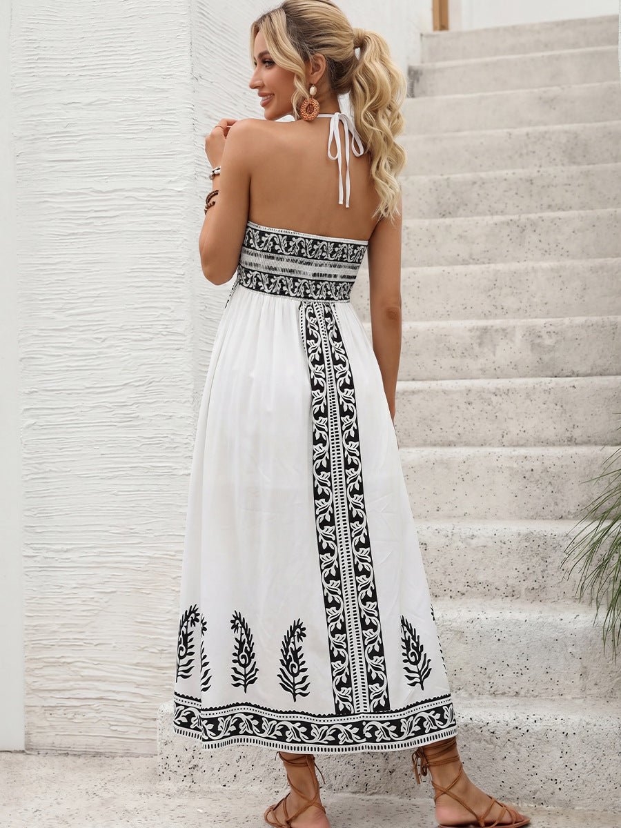 2026 Boho Black Floral Print Spaghetti Strap Maxi Dress Back Tie Halter Vacation Sundress