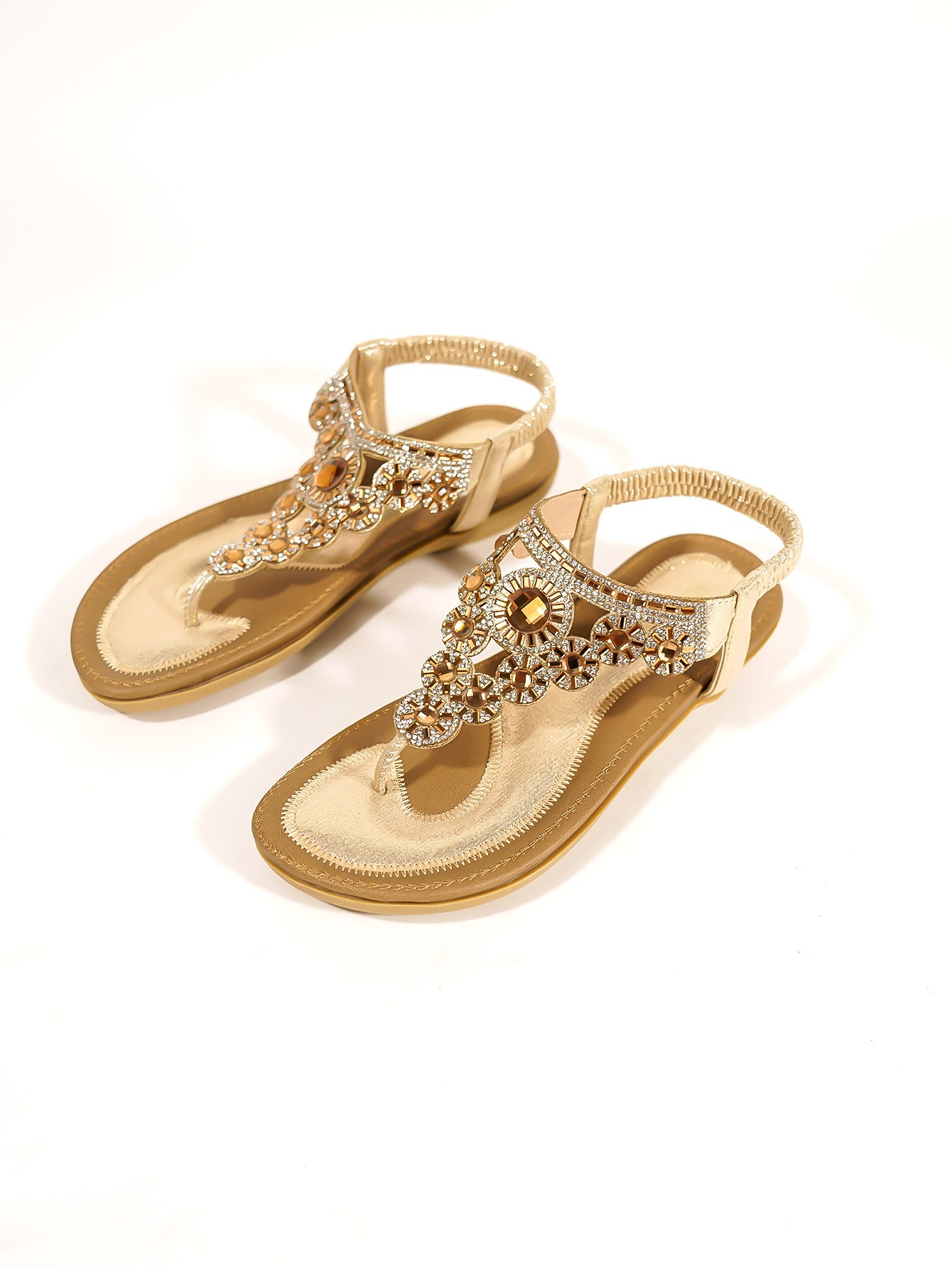 Bohemian New Summer 2026 Flat Toe Clip-on Rhinestone Comfortable Beach Sandals for Women