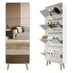 4-Drawer Mirrored Shoe Cabinet, Space-Saving Narrow Organizer with Flip Lids & Wood Legs, Hidden Storage for Up to 16 Pairs Of Shoes