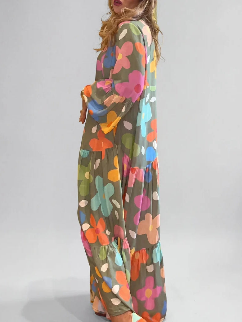 Women's Boho Bold Floral V-Neck Tiered Maxi Dress