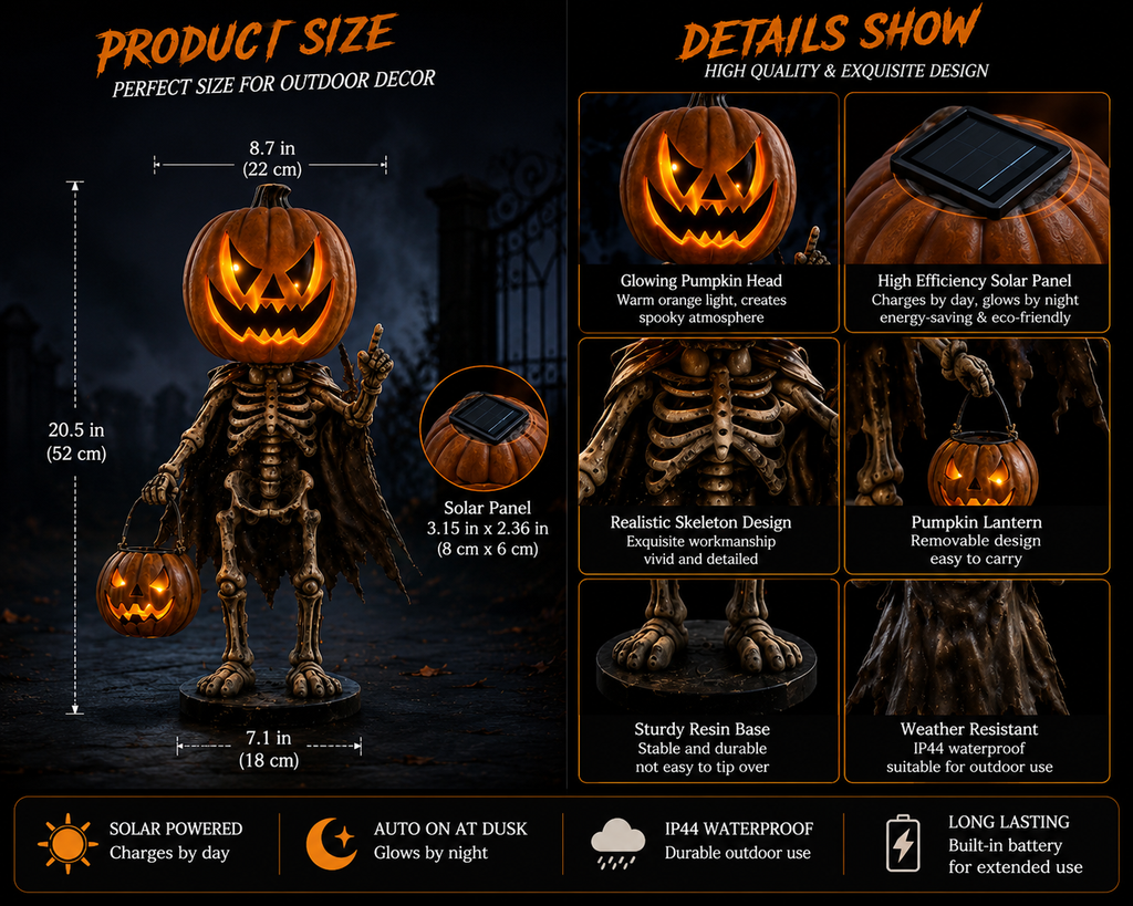 Halloween Outdoor Pumpkin Skeleton Decoration with Solar Lights, Waterproof Jack-O'-Lantern Skeleton Statue for Yard, Garden, Walkway, Lawn, Porch & Patio Decor