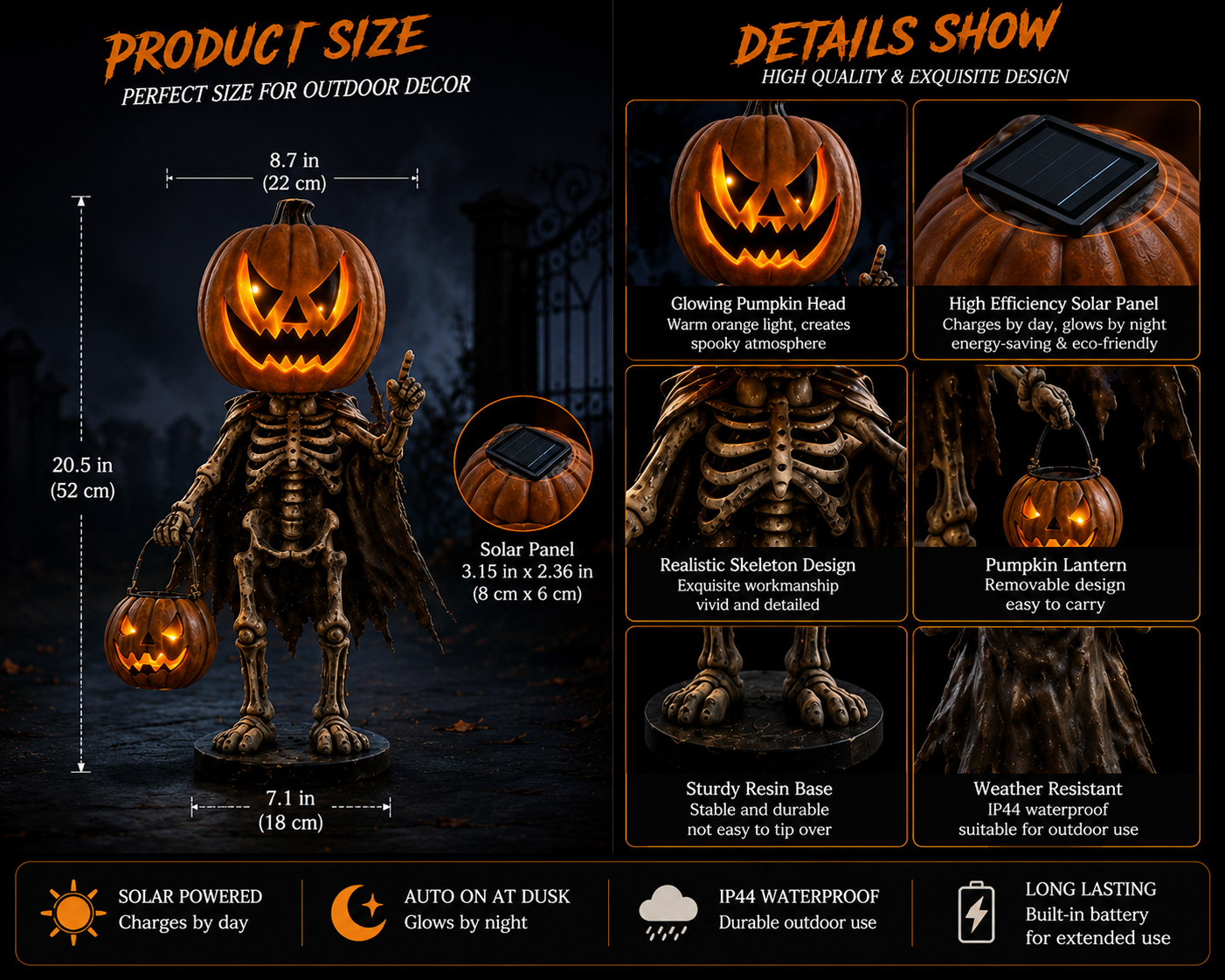 Halloween Outdoor Pumpkin Skeleton Decoration with Solar Lights, Waterproof Jack-O'-Lantern Skeleton Statue for Yard, Garden, Walkway, Lawn, Porch & Patio Decor