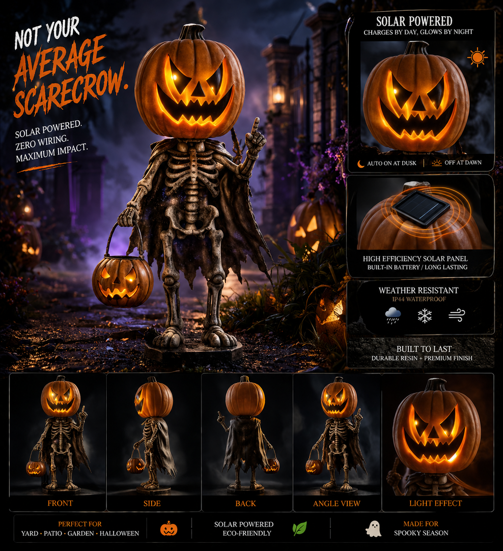 Halloween Outdoor Pumpkin Skeleton Decoration with Solar Lights, Waterproof Jack-O'-Lantern Skeleton Statue for Yard, Garden, Walkway, Lawn, Porch & Patio Decor