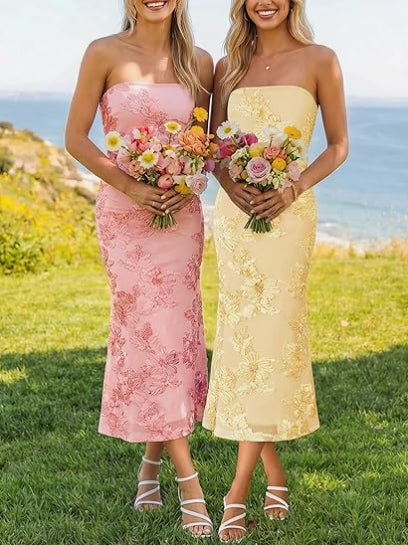 Cocktail Wedding Guest Dresses for Women 2026 Summer Strapless Floral Bodycon Mesh Tube Formal Party Midi Dress