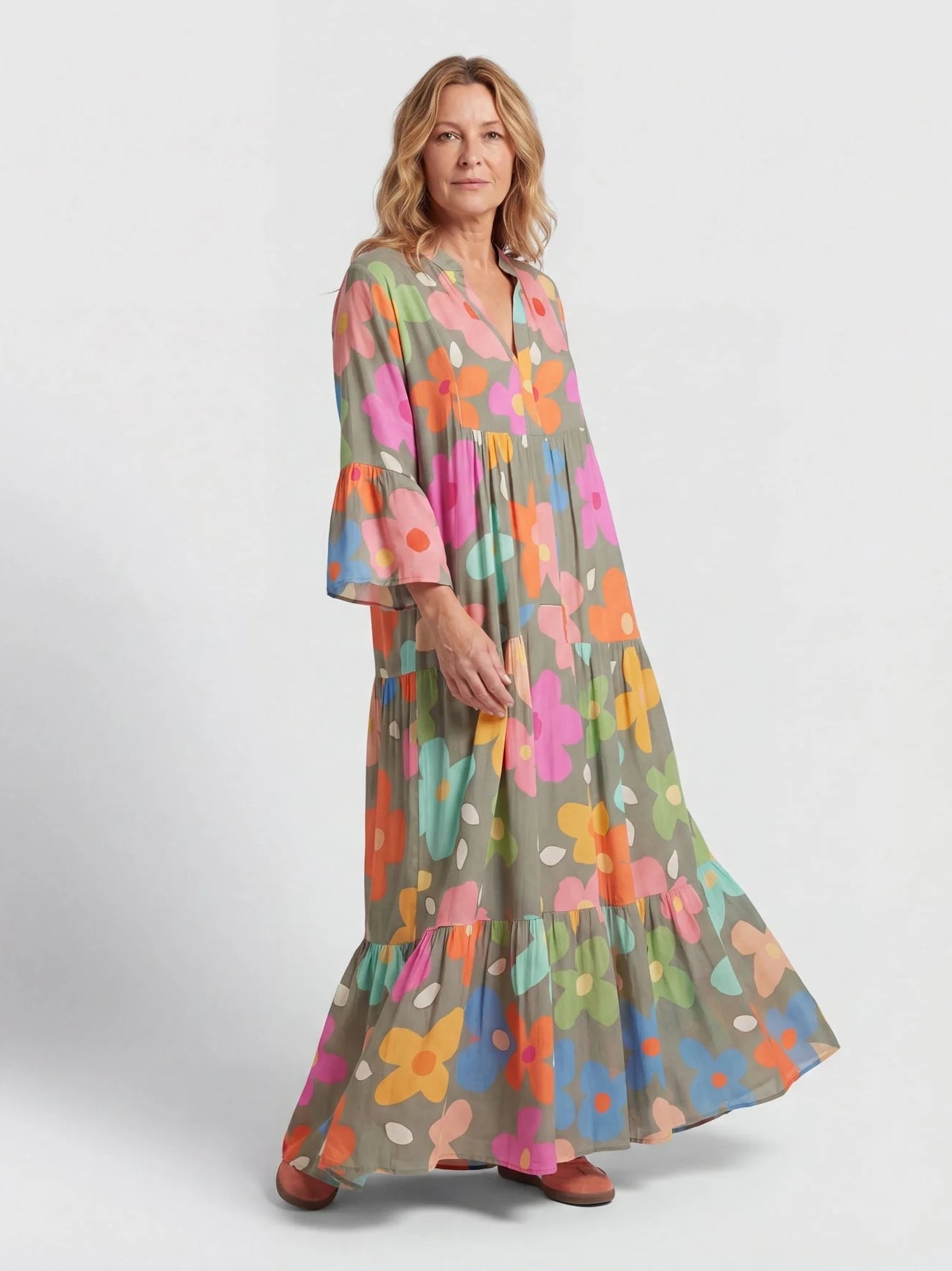 Women's Boho Bold Floral V-Neck Tiered Maxi Dress