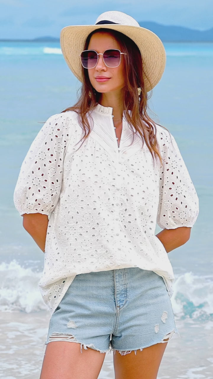 Women's Summer Tops 2026 Dressy Casual Short Sleeve V Neck Buttons Hollow Eyelet Lace Embroidered Blouses Shirts