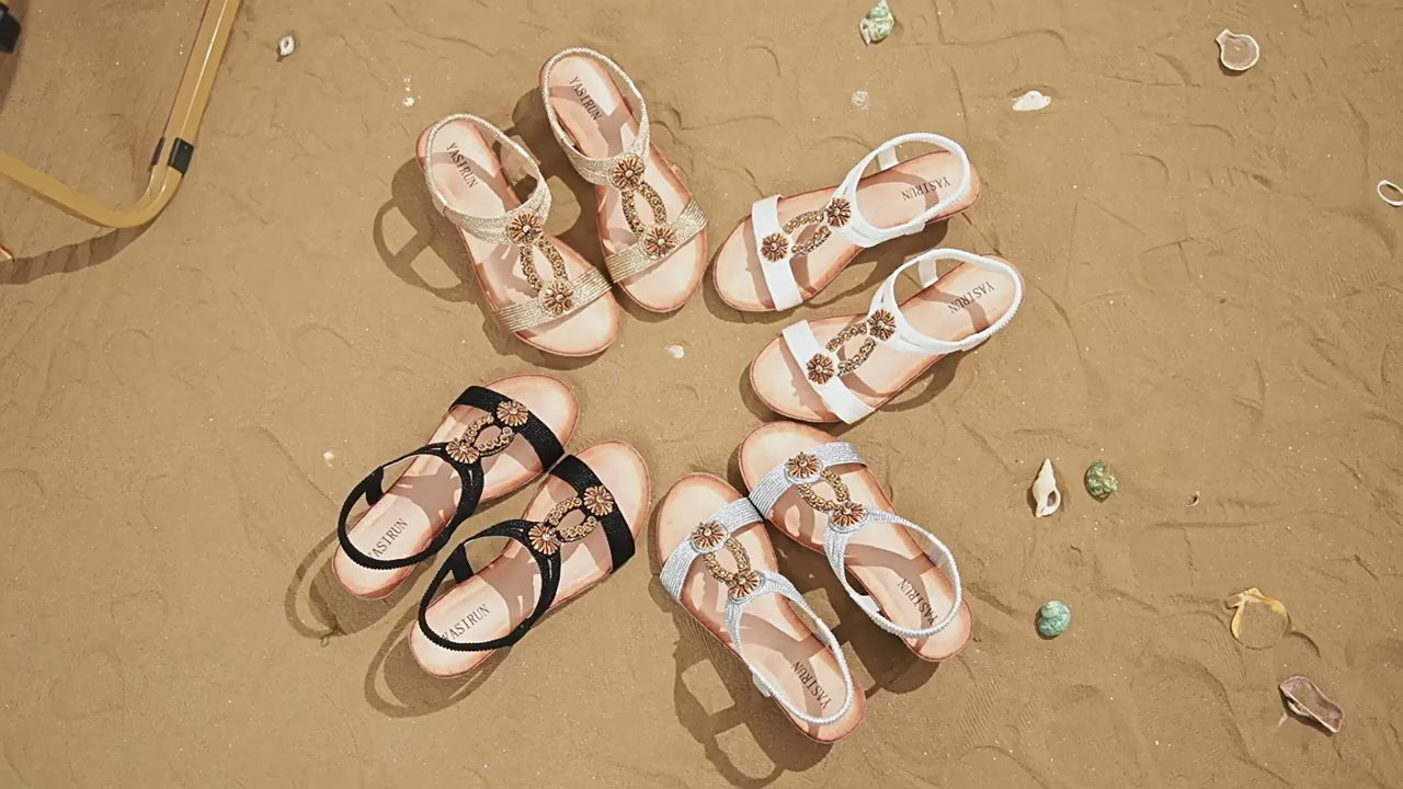 Womens Wedge Sandals Flower Low Heel Dressy Sandals Elastic Ankle Strap Rhinestone Summer Comfortable Shoes